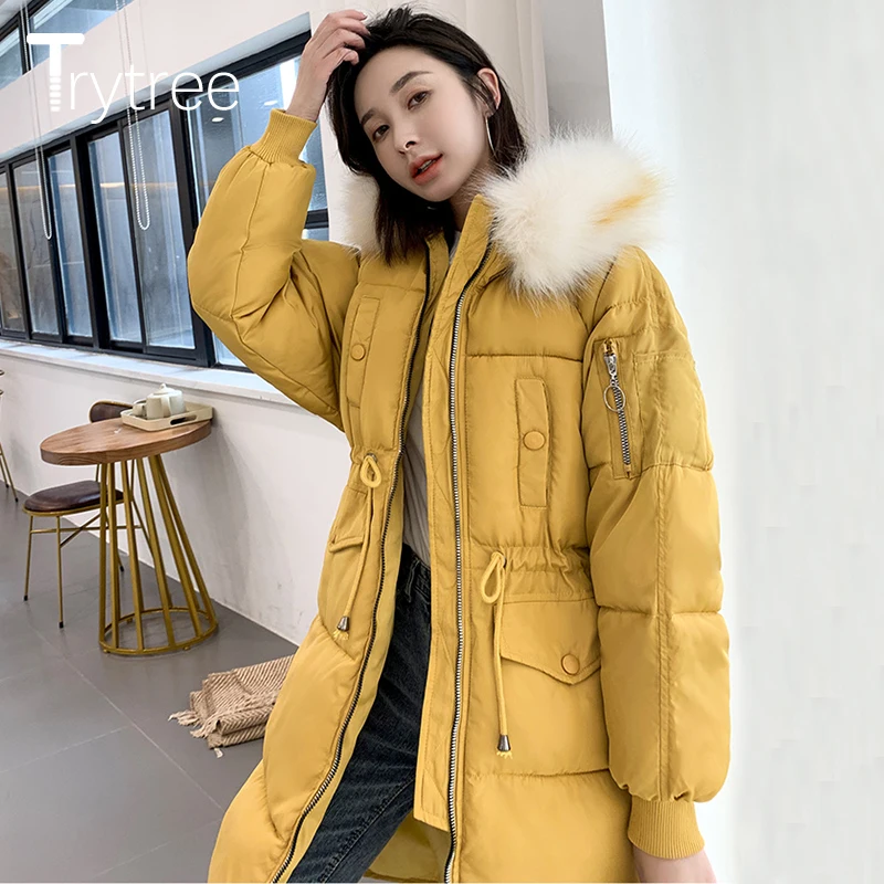 Trytree зимнее женское повседневное пальто с меховым капюшоном на молнии кулиской