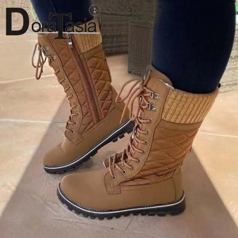 

DORATASIA New INS Hot Female Flat With Mid-Calf Boots Fashion Zip Lace-up Patchwork Boots Women Casual Party Shoes Woman