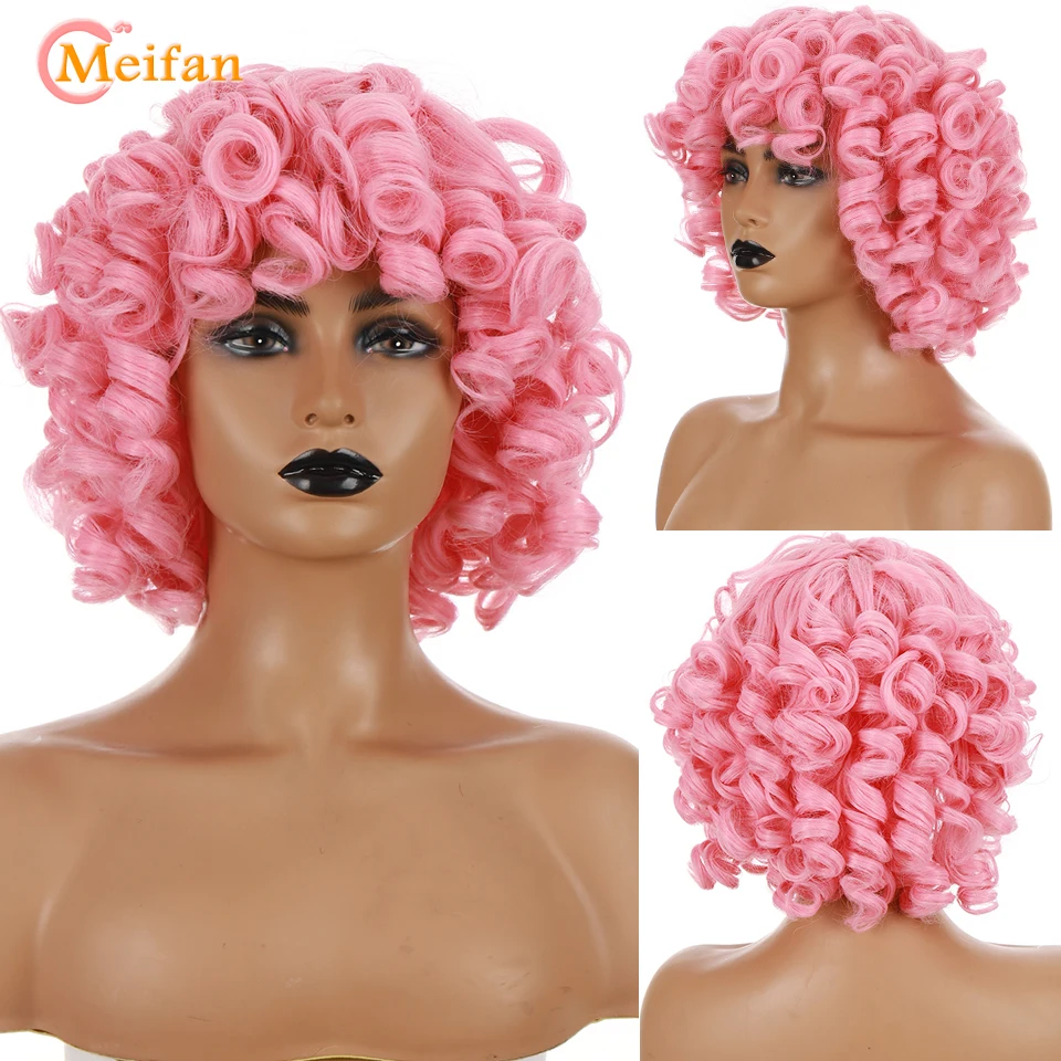 

MEIFAN Afro Loose Wavy Curly Wig With Bangs Synthetic Black Ombre Cosplay Fluffy Shoulder Length Natural Wigs For Black Women