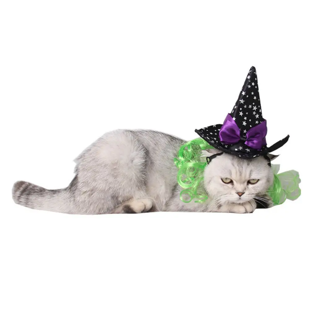 

Halloween Pet Cat Wizard Hat, Witch With Star/Cobweb Decor,Party Costume