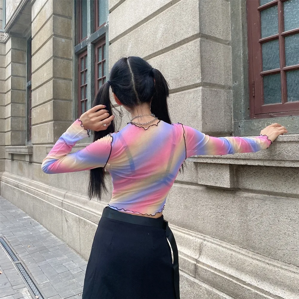 

2021 TINGGE TG Women's Autumn New Fashion Sexy Printed Gauze Wood Ear Navel T-Shirt Crop Top Anime Clothes Iridescence