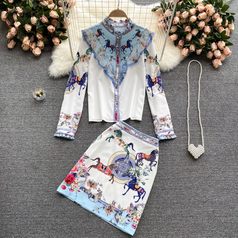 

Summer New Fashion Professional Suit Ladies Stand-up Collar Shirt Sweet Ruffled Slim Printed Skirt Two-piece Suit GL630