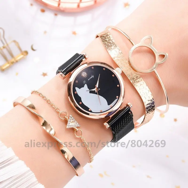 Cat Dial Bracelet Magnetic Watches Set Luxury Women's Dress Bangle Quartz Clock Ladies Fashion Wrist Watch Gift Zegarek Damski