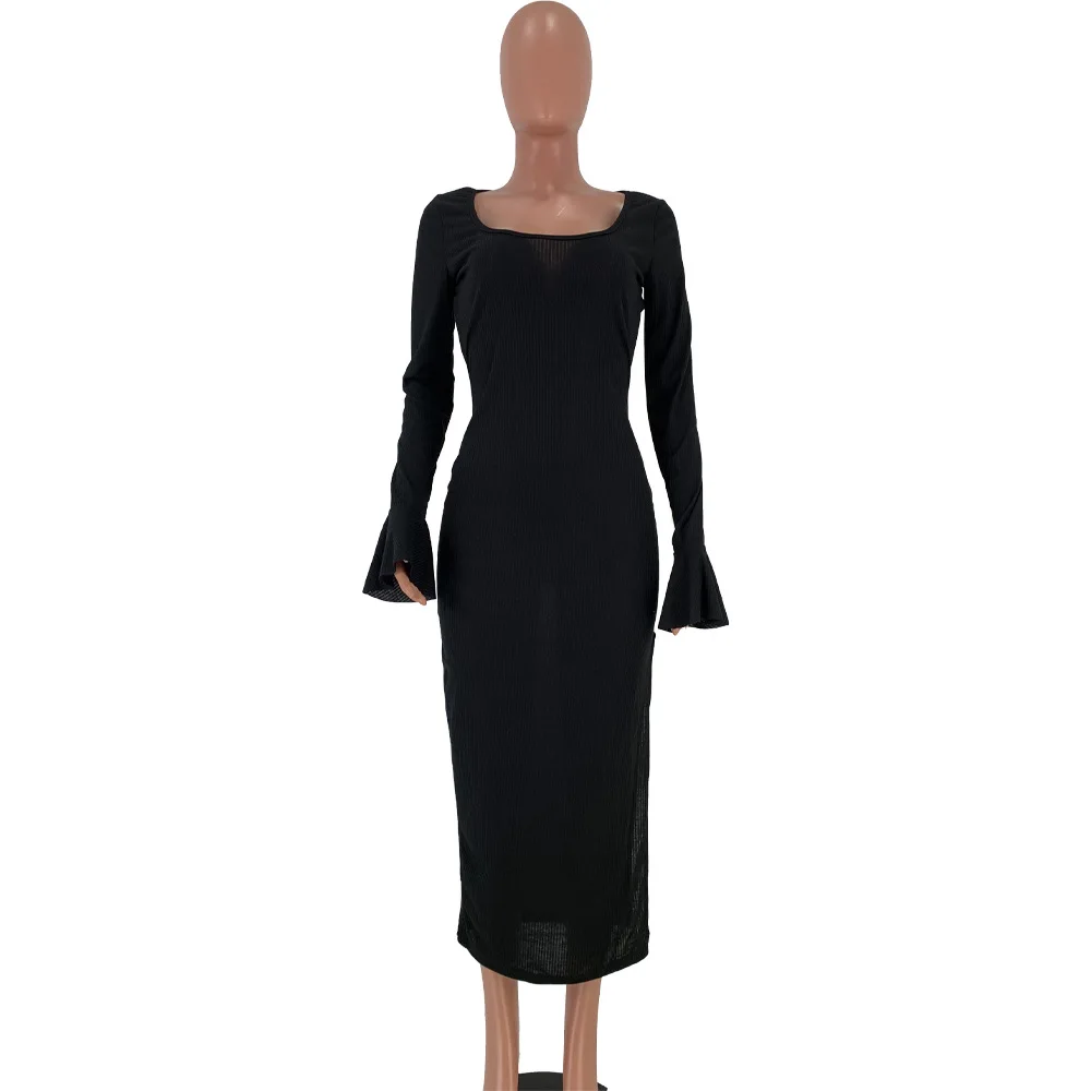 Women Knit Dress Elegant Long Sleeve Warm Sweater Casual O-neck Sexy Hight Slit Office Party Pencil Dresses Fall Clothes | Женская