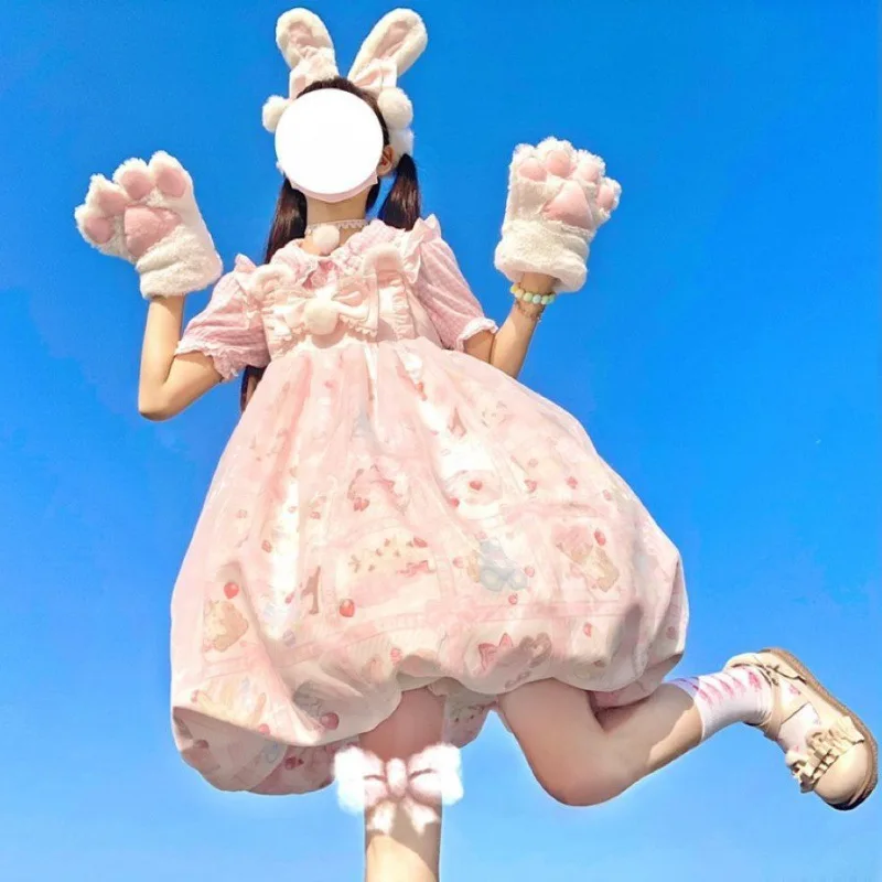 

Japanese Sweet Kawaii Tomato Meow Lolita Flower Bud Dress Sugar Rolling Printing JSK Dress Lace Princess Tea Party Dresses