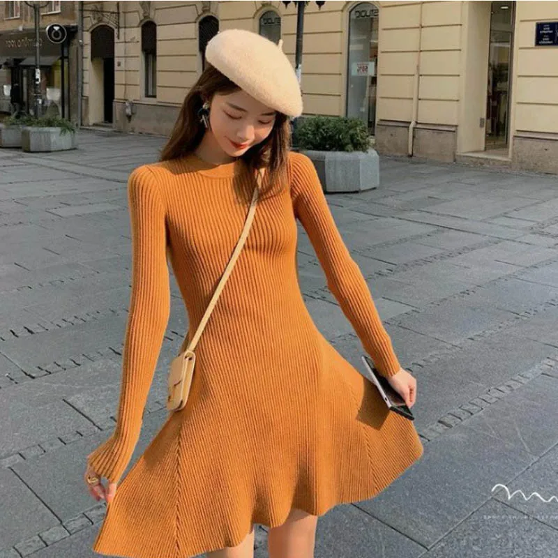 

One-Piece Woman Mermaid Dress 2020 New Autumn Winter Long Sleeve Knitted Dresses Female Elegant O Neck Short Mini Sweater Dress