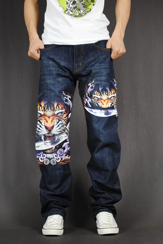 

Men's Long Pants Baggy Loose Fit Jeans Rap Hip Hop Skate Denim Trousers Straight Stretch Casual Trousers Tiger Q23