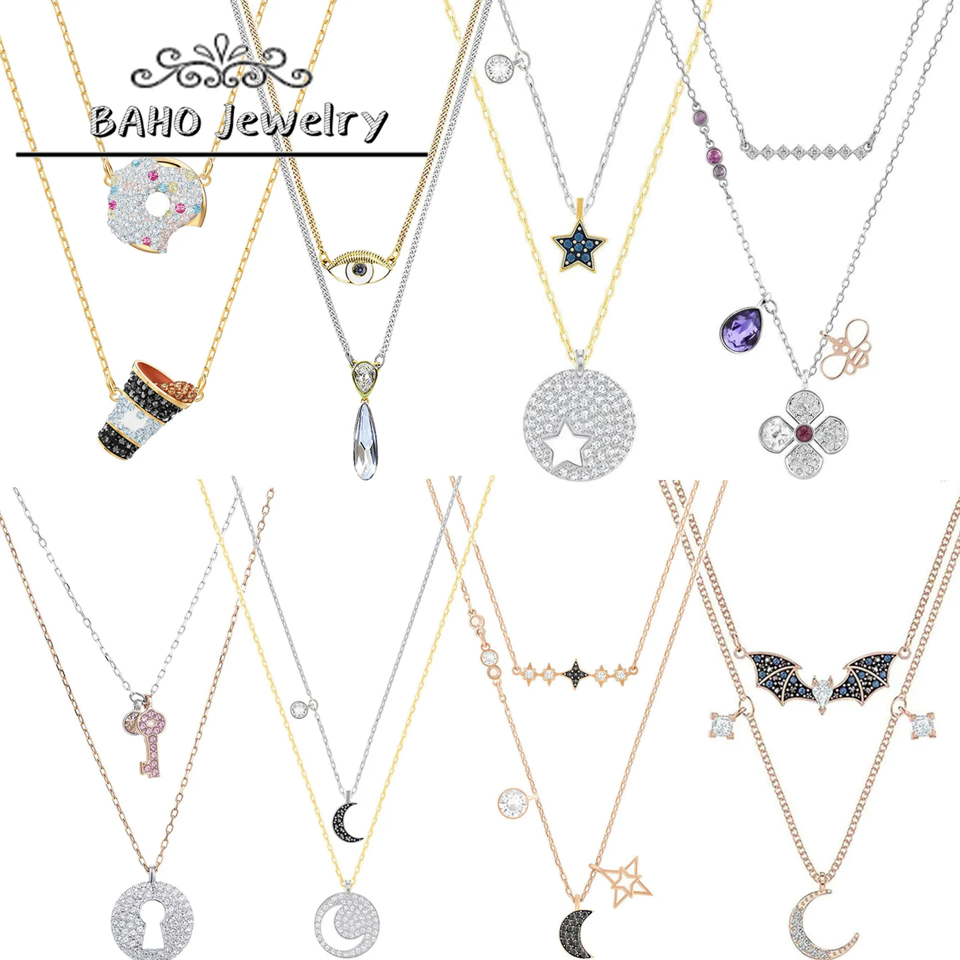 

SWA With Box Original Fashion Jewelry High Quality New Moon Shape High Grade Double Pendant Women Necklace Charm Fashion Jewelry