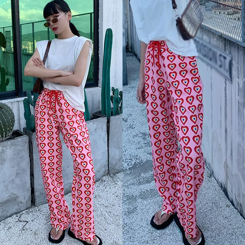

Wide Leg Pants Summer Pants Heart-shaped Print Loose Casual Pants Korean Fashion Trousers Sweatpants Summer Wear Women Pants