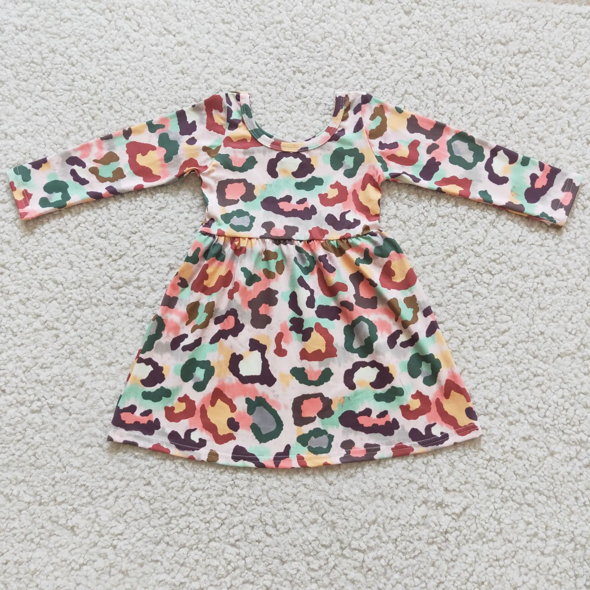 

Baby girls leopard boutique child fall long sleeve knee length colorful design wholesale kids toddler winter milk silk dresses