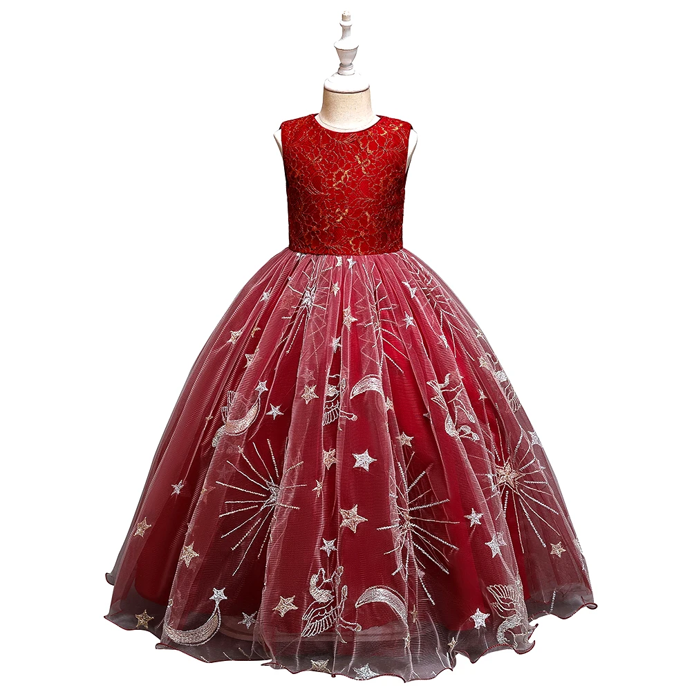 

Summer Cute Children Princess Long Skirts Christmas Girls Catwalk Show Mesh Evening Full Dress Embroidery European American