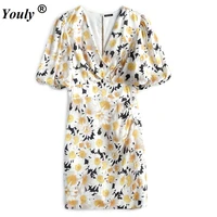 yellow floral sexy puff sleeves bodycon dress women 2021 summer vintage v neck party dress corset padded pencil mini dress