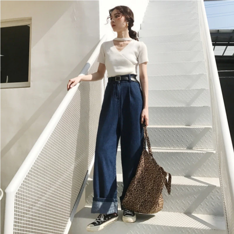 Женские свободные джинсовые брюки с широкими штанинами длинные высокой талией в