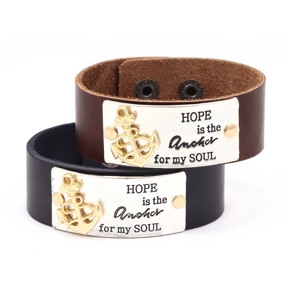 Европейская и американская мода Якорь Lettter Hope Charm черный широкий кожаный браслет