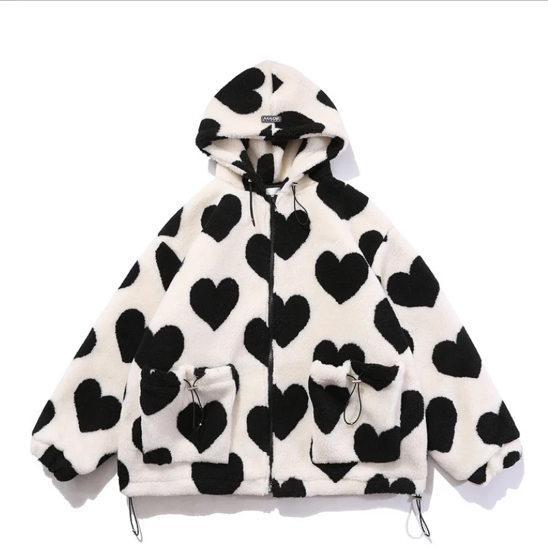 

Cute Heart-shaped Print Lambswool Winter Jacket Men Drawstring Pockets Zipper Hooded High Street Warm Couple Streetwear