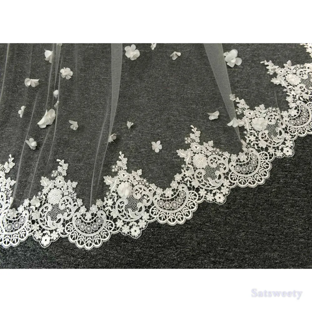 Фата свадебная женская с 3D цветами мягкая Тюлевая аппликацией по краям для