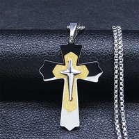 stainless steel christianity jesus cross layer necklace men black gold silver color big necklaces jewelry bijoux xh309s05