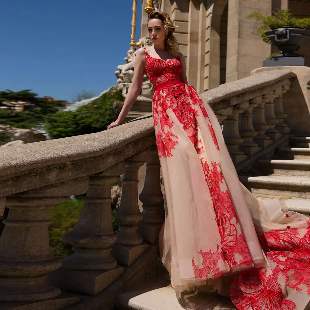 

Square A-line Net/Tulle Sweep/Brush Floor length Applique Banbage Bows Open back Evening Dresses Red Fashion high quality