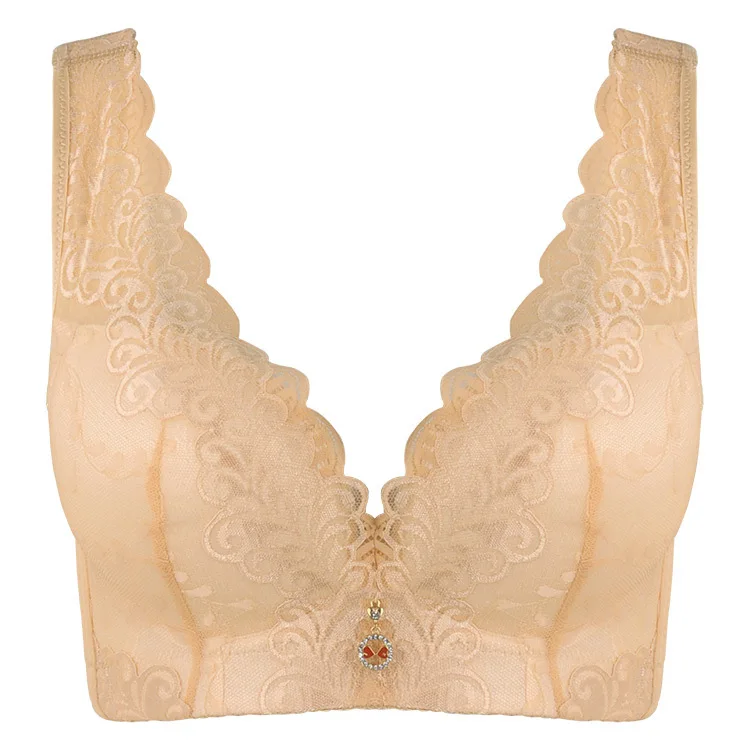 

Women's Sexy Lace Plus Size Bra 2021 Europe and America No Steel Ring Diamond Ornament Gathered Adjustable Lingerie For Women