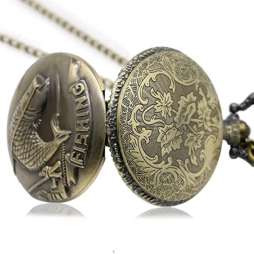 Мода Бронзовый старинные карманные часы ожерелье цепь кулон Рыбалка под старину
