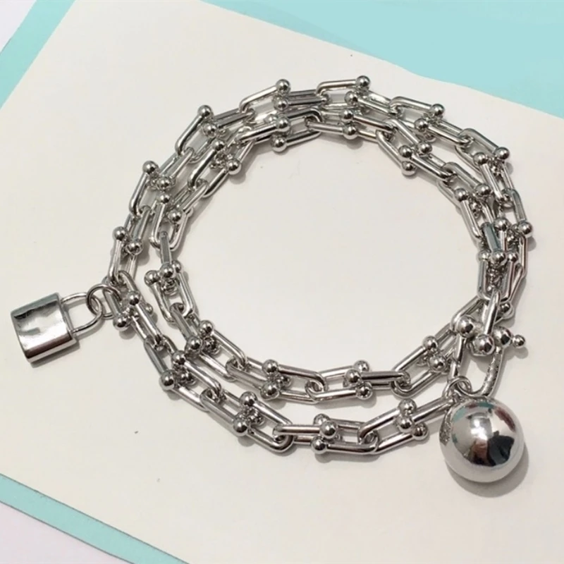 

Hot Sell 11 S925 Sterling Silver High Quality Ball&Lock U-Shape Tricolor Bracelet Women Logo Original Jewelry Valentine Gift