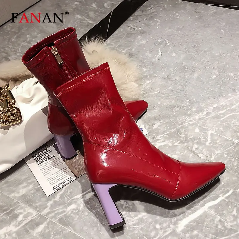 

FANAN Patent Leather Boots Wine Red Black Ankle Boots Women Fashion Block High Heels Pointed Toe Female Shoes Autumn Winter 2020
