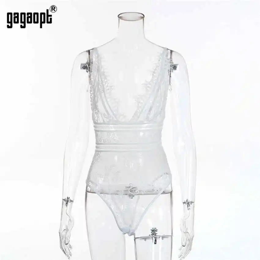 Gagaopt сексуальный кружевной боди Женский полый облегающий сексуальный костюм комбинезон уличная одежда - Цвет: Белый