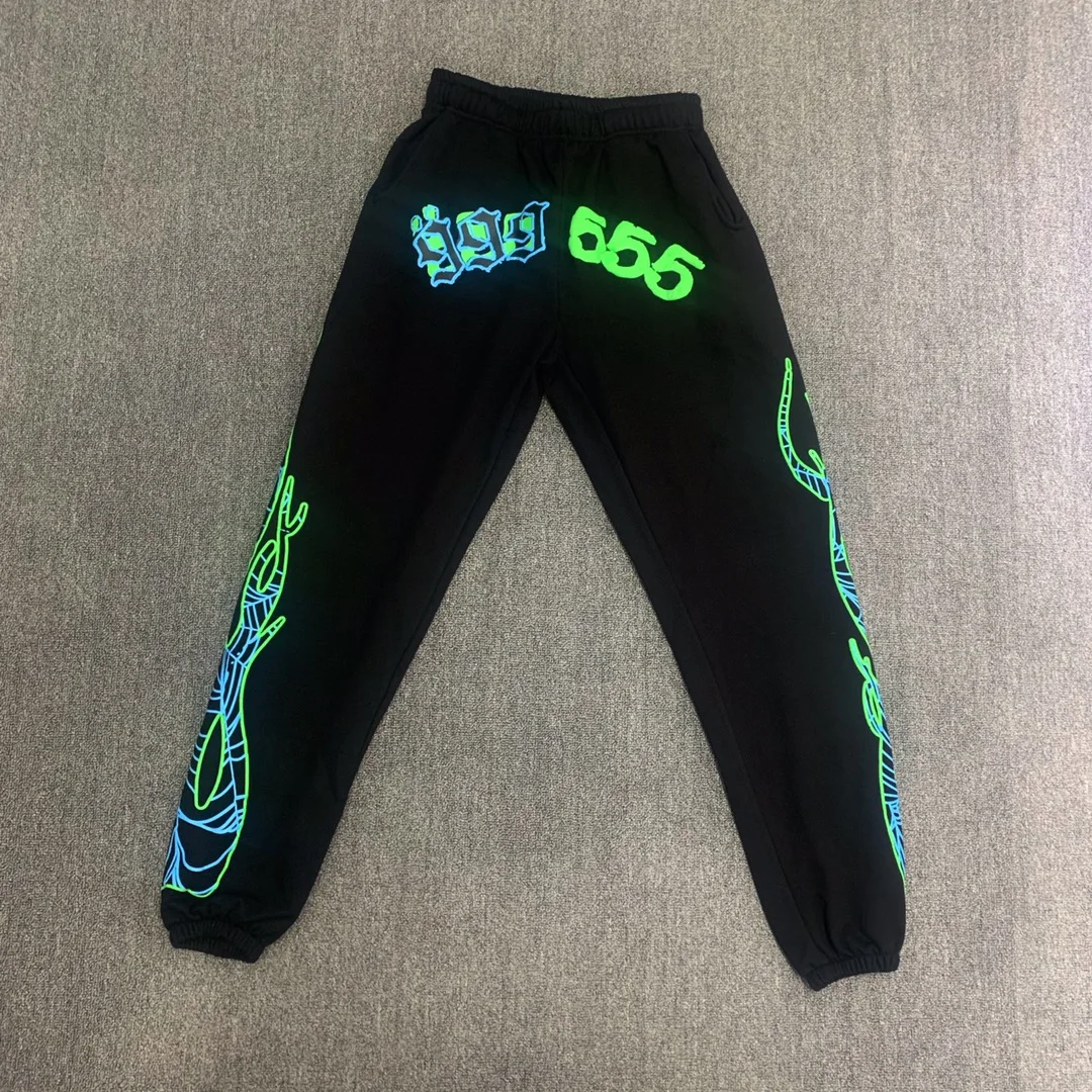 

Fluorescent Green Spider Web Pattern 555555 Sweatpants Men Women High Street Flame Print Sp5der Pants Jogger Drawstring Trousers