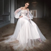 uzn hot sale ivory a line lace and tulle wedding dresses off shoulder long puffy sleeves bridal gowns lace up back vestido