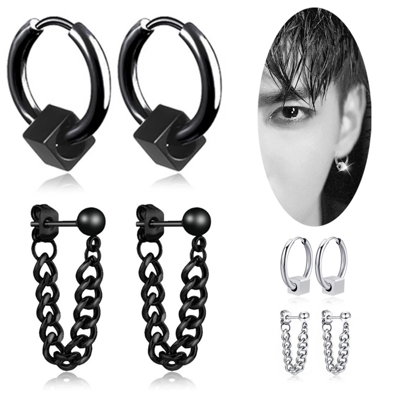 Титановые серьги кольца для мужчин и женщин с кубической цепочкой