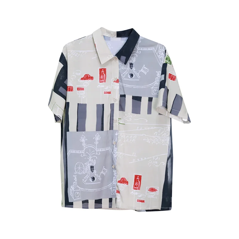 

Korejepo Women Shirts 2021 Summer Korean Retro Hong Kong Style Slim Single-Breasted Striped Lapel Black Printed Chiffon Blouses