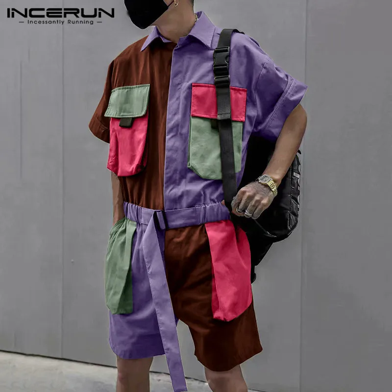 

Fashion Patchwork Pockets Rompers INCERUN Men Short Jumpsuits Short Sleeve Cargo Suspenders Man Vintage Lace Up Jumpsuits 5XL 7