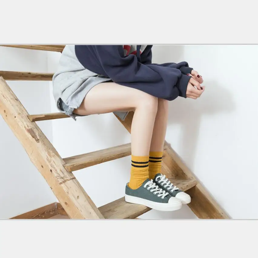 Girls Solid Cotton Crew Socks Striped Cuff Women Ribbed Knitted Sport Sock Warm Winter Socks Ankle Socks Short Socks 8 pairs/lot