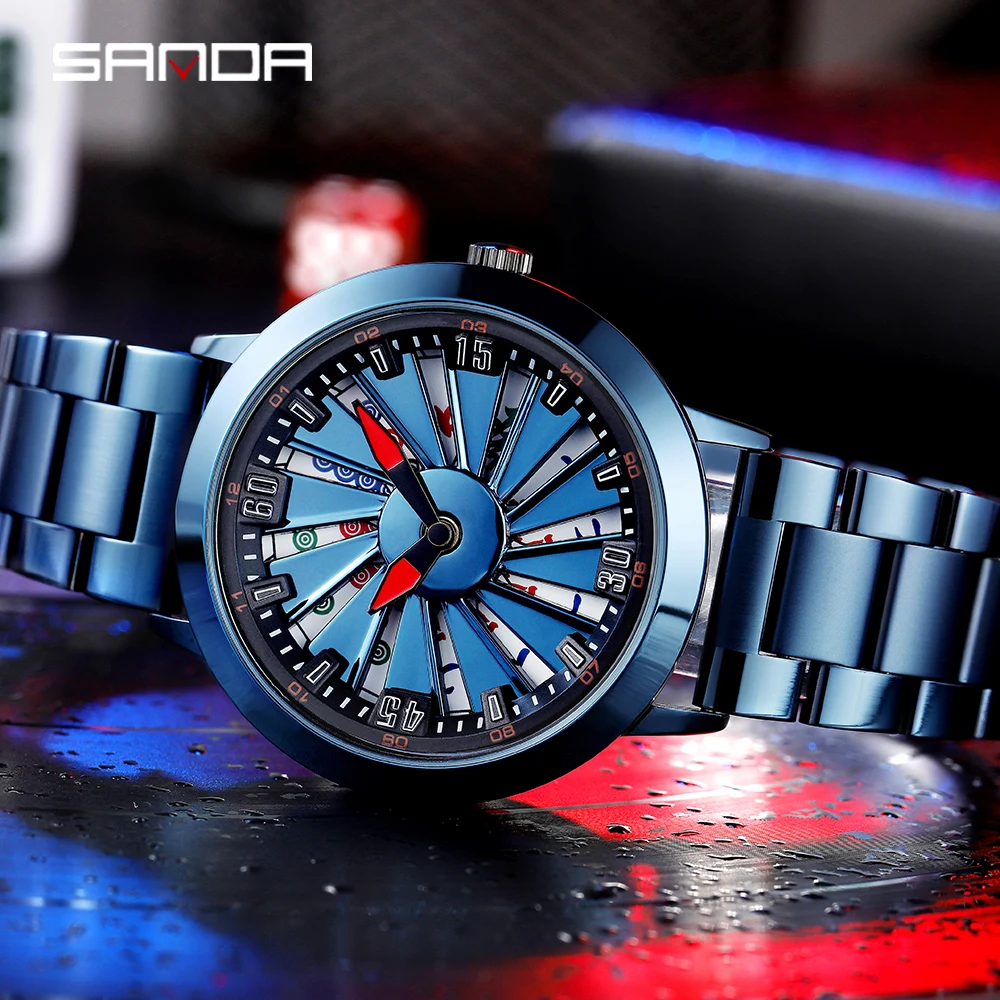 SANDA Brand Stainless Steel Personality Creative Design Quartz Watch Rotating Hollow Dial Fashion Waterproof Watch Reloj Hombr
