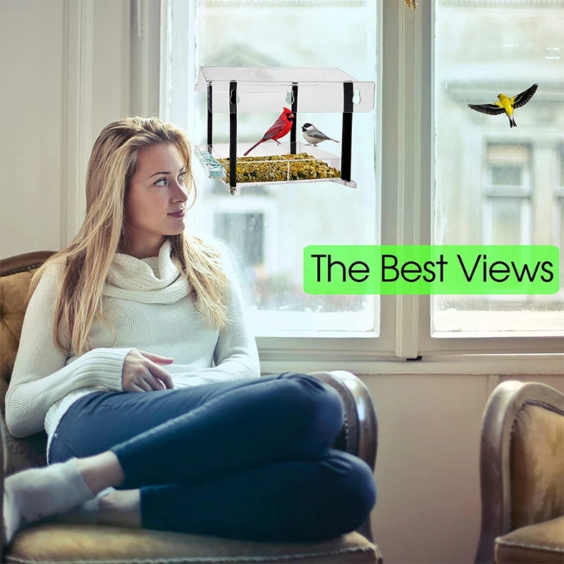 

Acrylic Window Bird Feeder Large Size with Suction Cup Seed Tray Separate Water Sink Bird Home Design Bird Watching Gift Drop