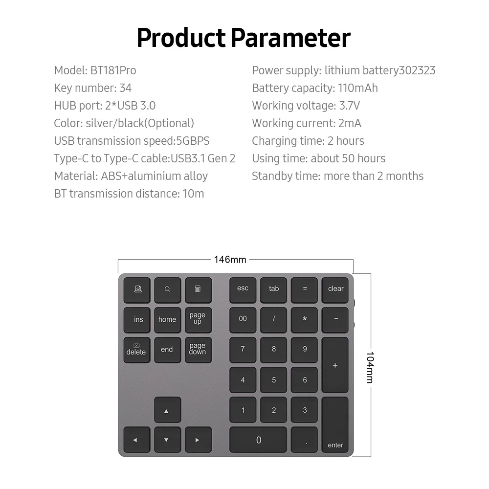 

Bluetooth Keyboard 2 in 1 USB 3.1 Gen 2 Rechargeable Wireless 34-Key Numeric Keypad with USB3.0 HUB Support IOS/Android/Windows