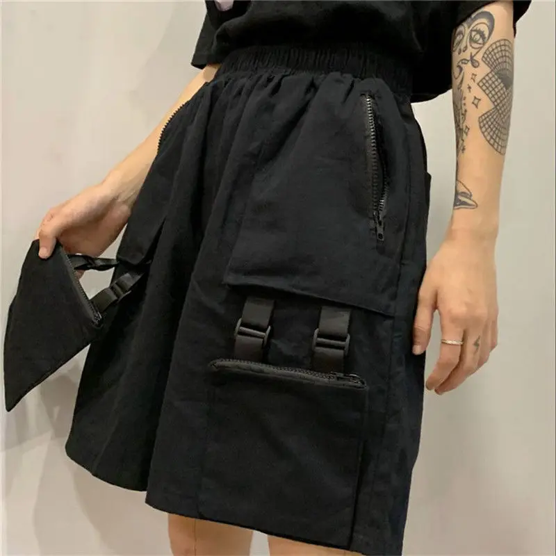 Брюки-карго в стиле Харадзюку черные шорты выше колена с высокой талией