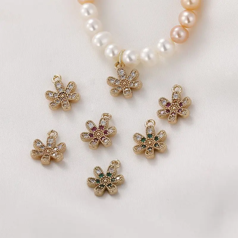 

4PCS 10*13mm Flower Pendant with Zircon 14k Gold Plated Charms for Jewelry Making DIY Brass Accessories Designer Charms
