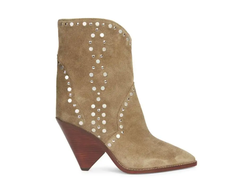 Женские замшевые ботильоны светильник заклепками светло-коричневые байкерские