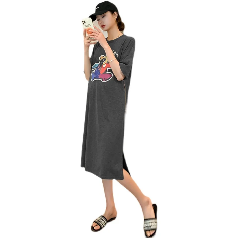 

728# 2021 Summer Casual Cotton Maternity Long Tees Large Size Loose Side Splits Dress Clothes for Pregnant Women Pregnancy