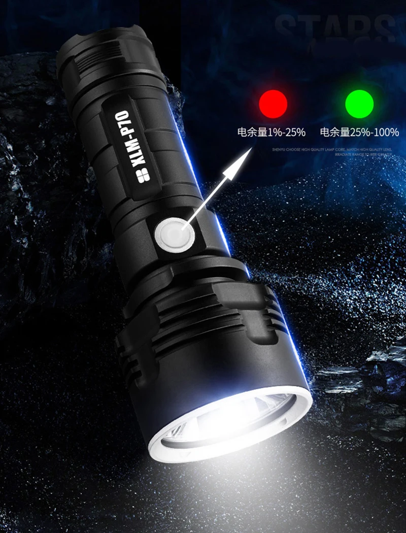 Суперъяркий фонарик XHP70 3 режима скорости USB-кабель для зарядки водонепроницаемая