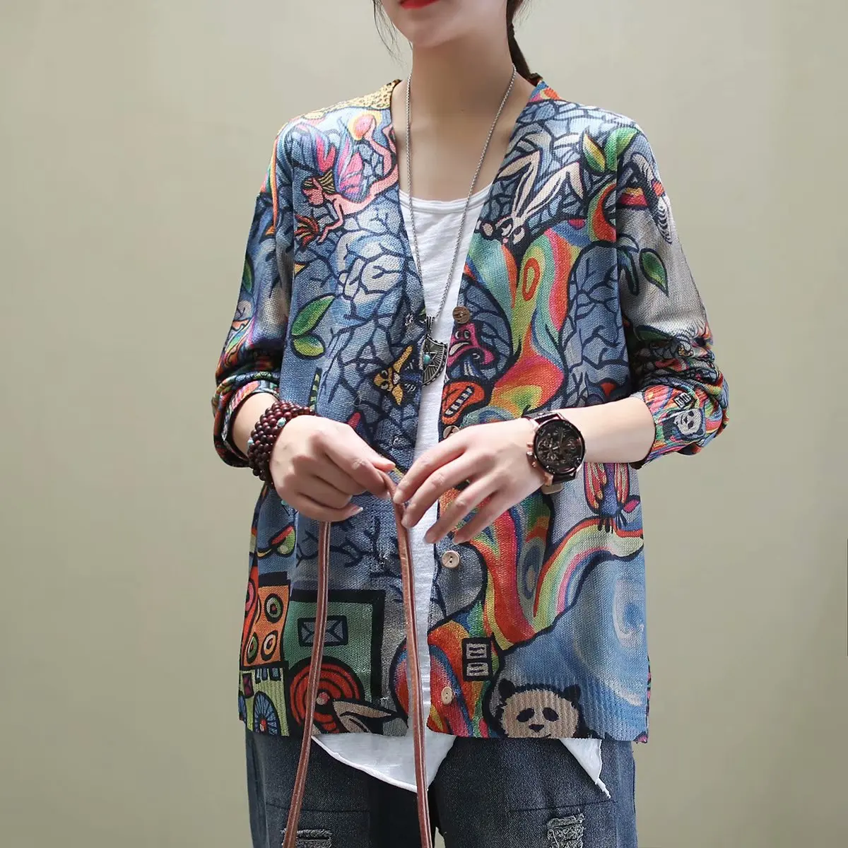 2020 Spring Autumn Sweater Women Retro Loose Cardigan All-match Tops New V-Neck Print Knitting Casual Coat |