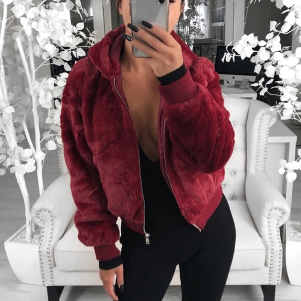 

New Faux Fur Women Coat With Hood High Waist Fashion Slim Black Red Pink Faux Fur Jacket Fake Rabbit Fur Coats