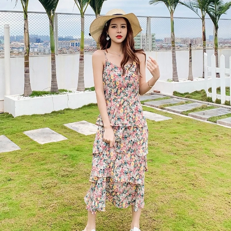 Женское шифоновое платье-комбинация с цветочным принтом длинные летние вечерние