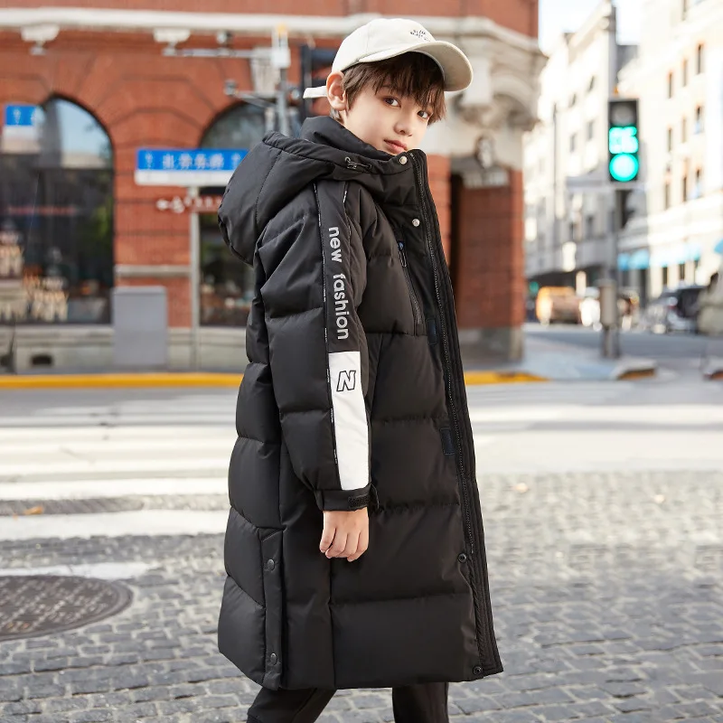 Chaqueta larga de invierno para ni&ntilde;o, mono de nieve para ni&ntilde;o, abrigo largo para ni&ntilde;o, Plum&iacute;fero a prueba de viento, Parka gruesa con capucha para exterior, 90%-1