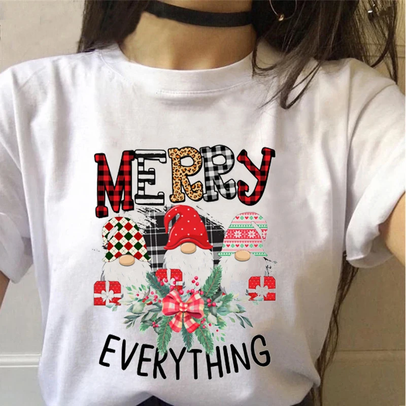 

Женские футболки с коротким рукавом, милая Рождественская Футболка с принтом Санты, сада, гнома, Женская белая футболка с графическим принт...
