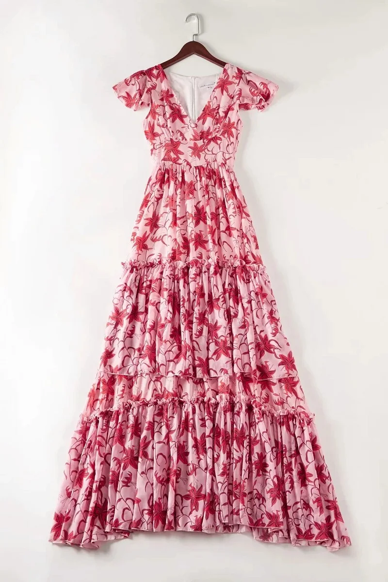 Женское длинное платье в пол богемное пляжное розовое макси с коротким рукавом и