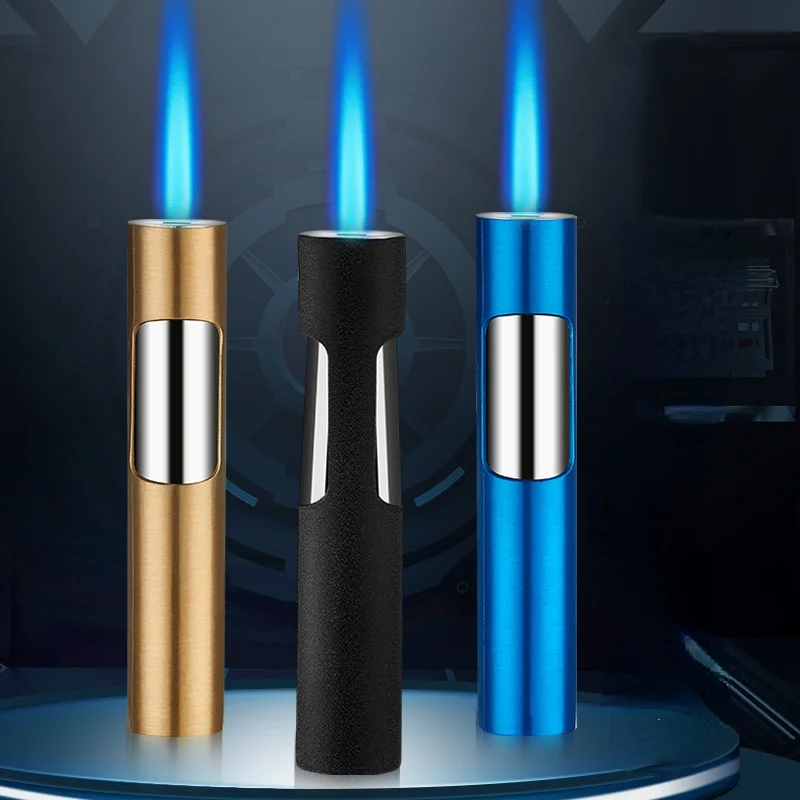

Blue Flame Straight Cylindrical Windproof Lighter Inflatable Cool Trend Male Personality Push Lighter Smoke Accessories for Weed