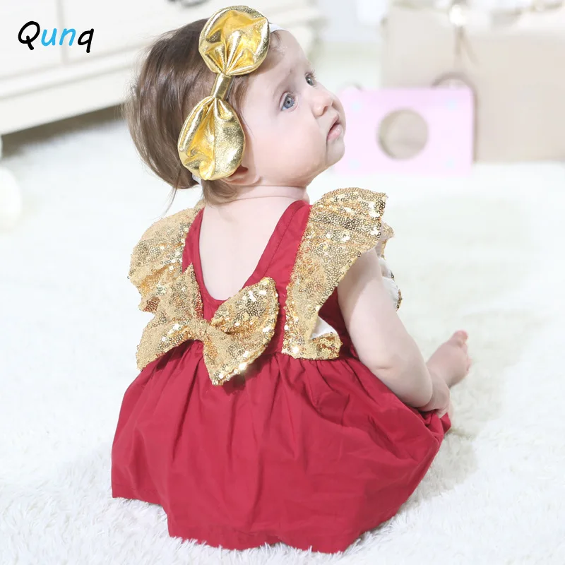 

Qunq Baby Romper Dress Sequined Bow Newborns Princess Dress 1 Year Birthday Costume Summer Backless Infant Girls Clothes