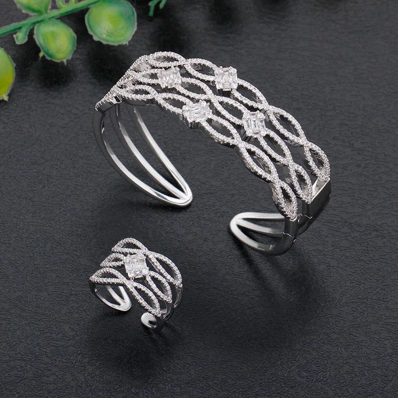 

Bride Talk Luxury Fashion Bangle & Ring Set For Women Wedding Engagement Party CZ Cubic Zirconia High Quality The Best Gift